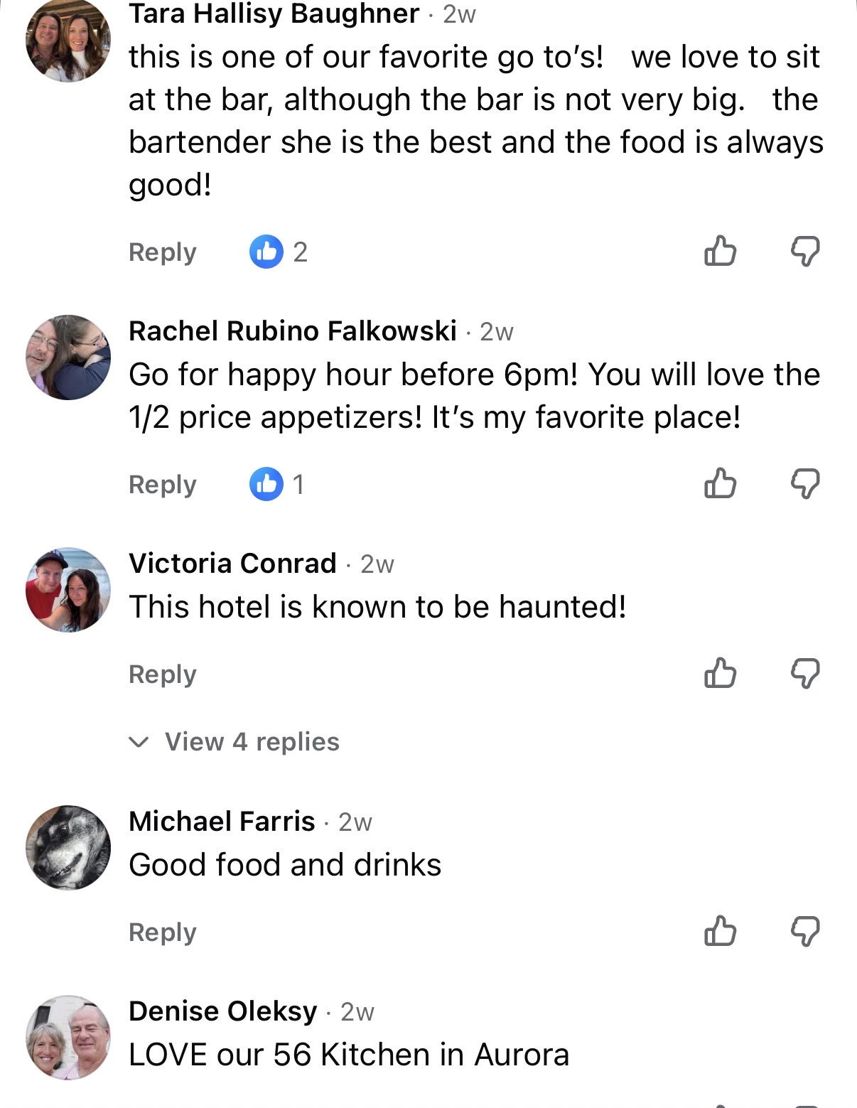 Comments about happy hour, great food and drinks at 56 Tavern