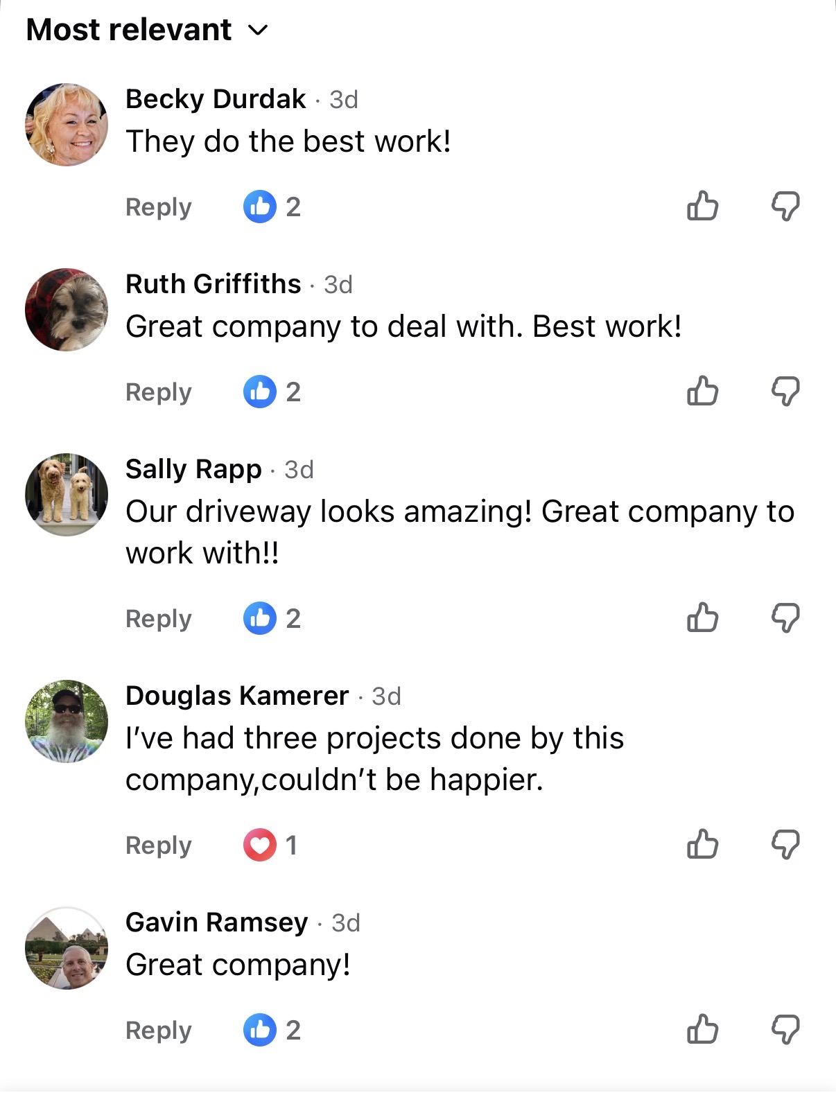 Facebook comments under a Cuyahoga Concrete Solutions video — customers saying they do the best work