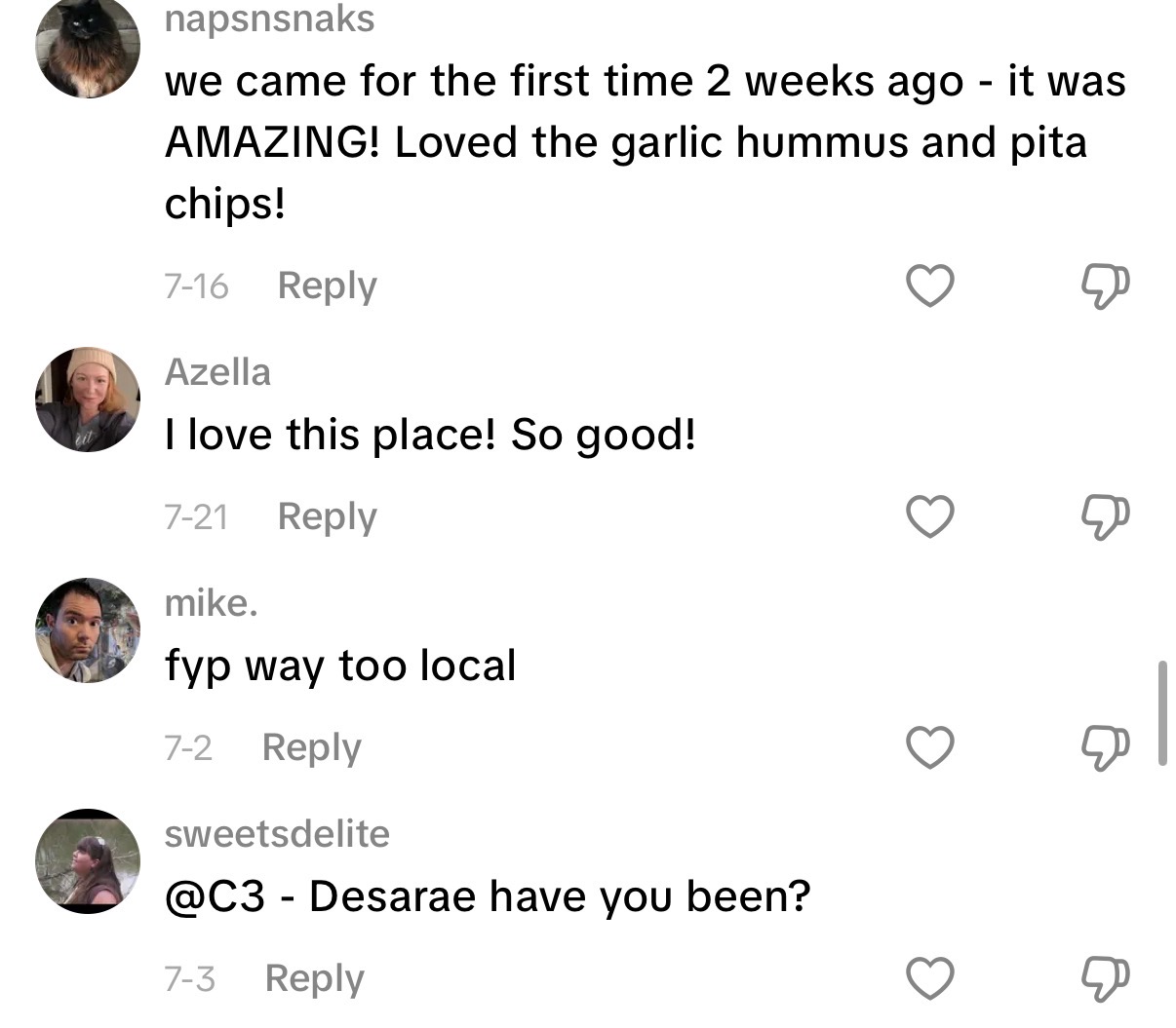 Comment: loved the garlic hummus and pita chips