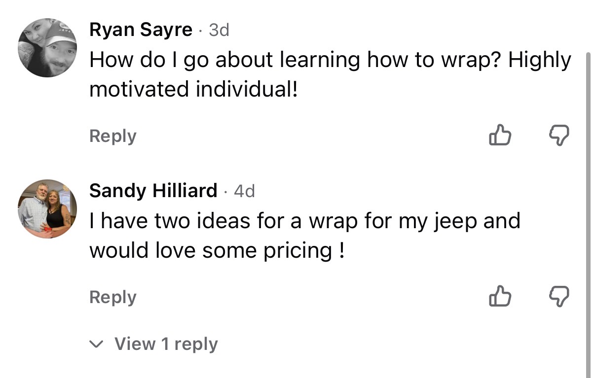 Comments from people asking about Cleveland Wrap services