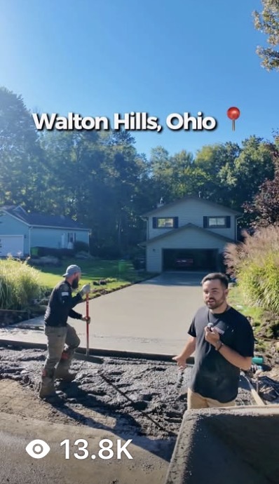 Cuyahoga Concrete Solutions' first video — a driveway pour in Walton Hills, Ohio, showing 13.8K views
