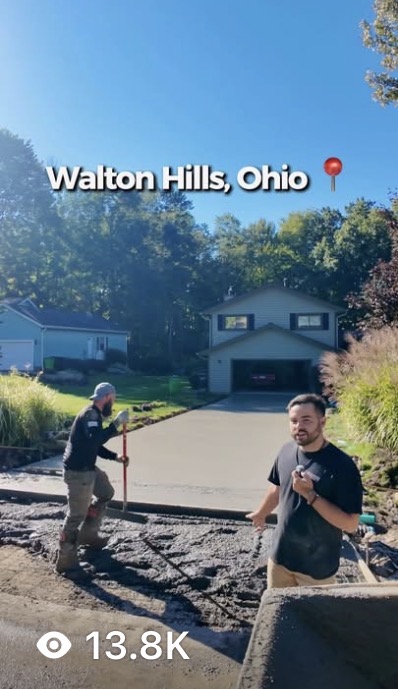 Cuyahoga Concrete Solutions TikTok clip filmed in Walton Hills, Ohio, showing 13.8K views