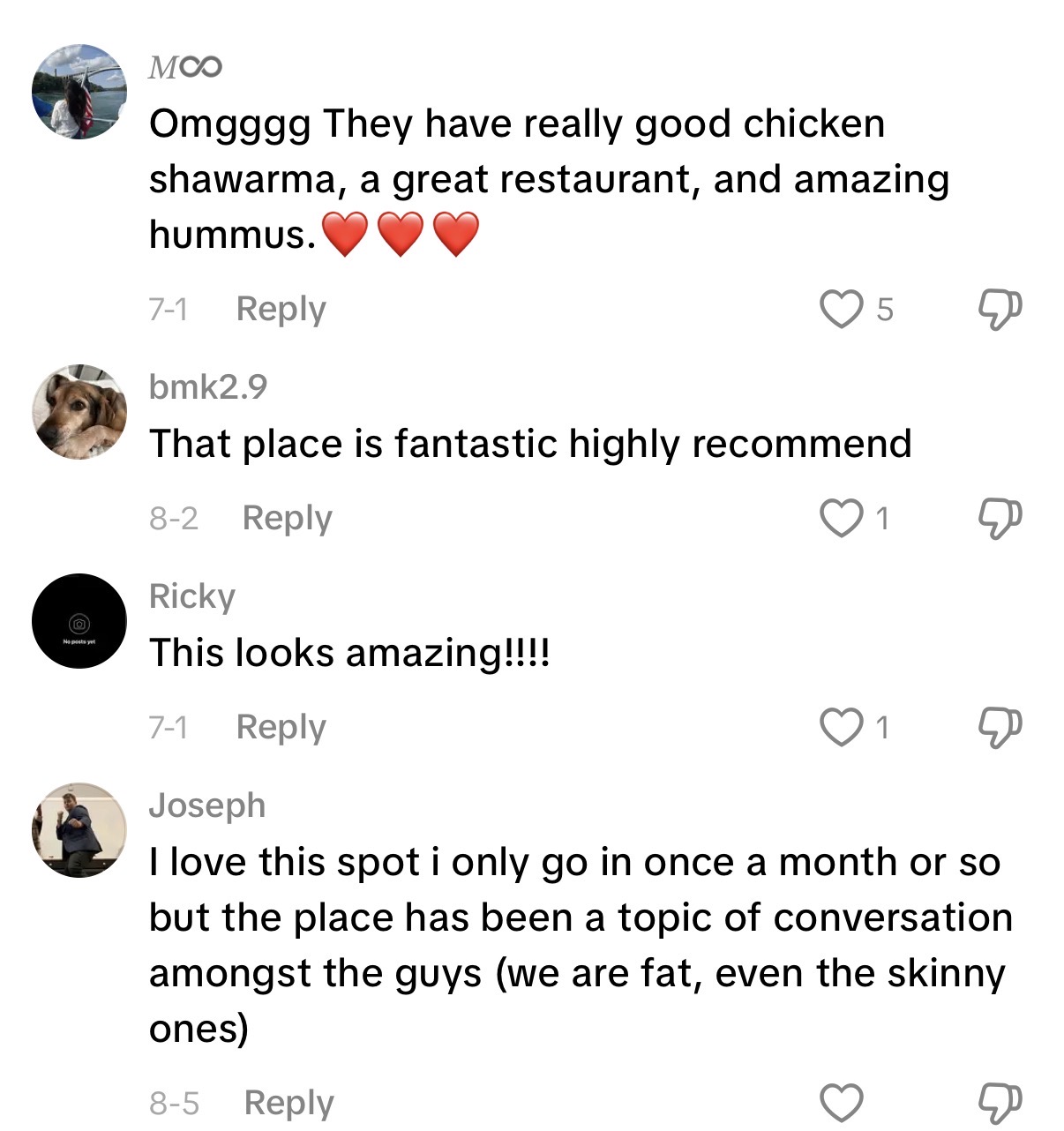 Comment: really good chicken shawarma and amazing hummus