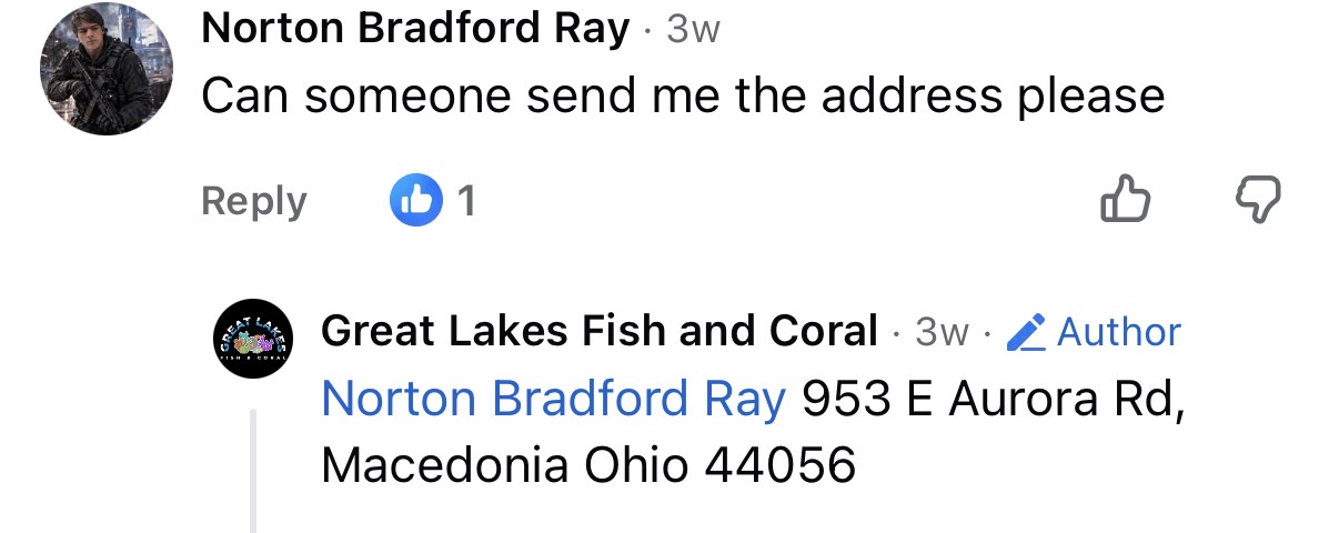 Comment: Can someone send me the address please — shop replies with 953 E Aurora Rd, Macedonia