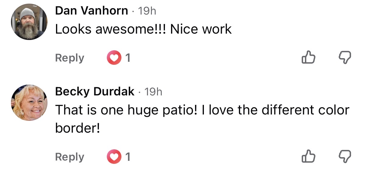 Facebook comments under a Cuyahoga Concrete Solutions video — a customer admiring a large patio