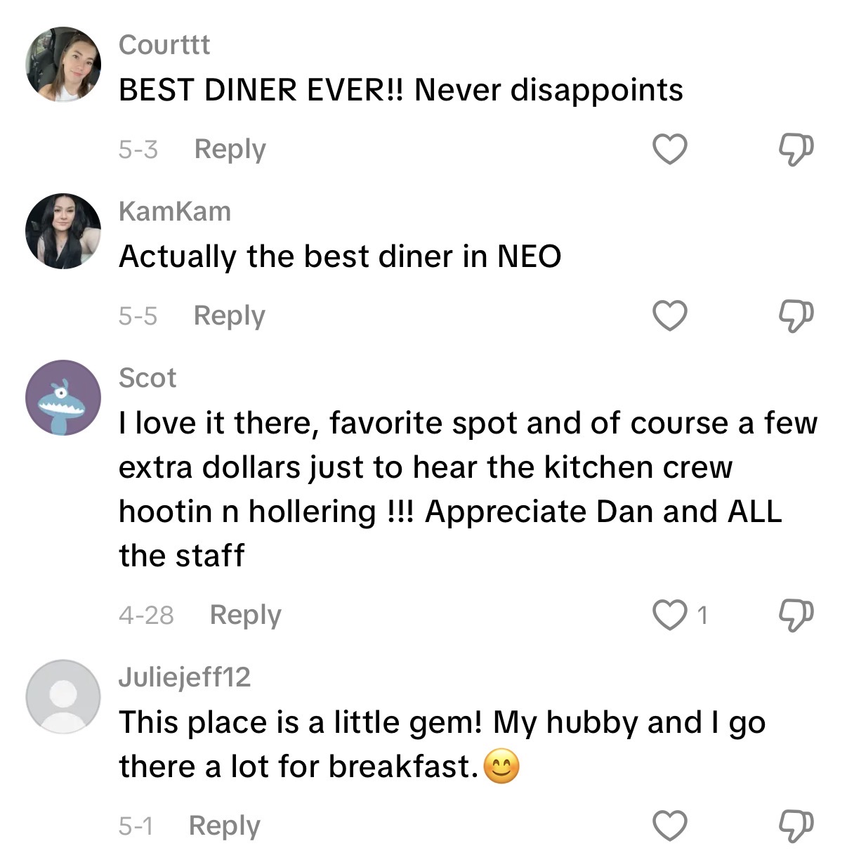 Comments: BEST DINER EVER, actually the best diner in NEO
