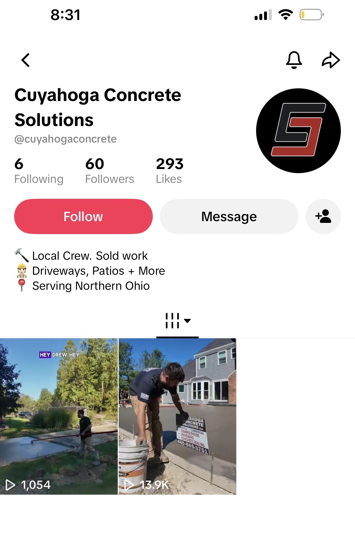 Cuyahoga Concrete TikTok profile showing the first videos at 13.9K and 1,054 views