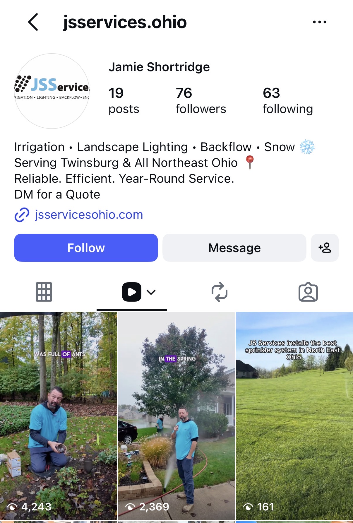 JS Services Instagram profile showing reel views