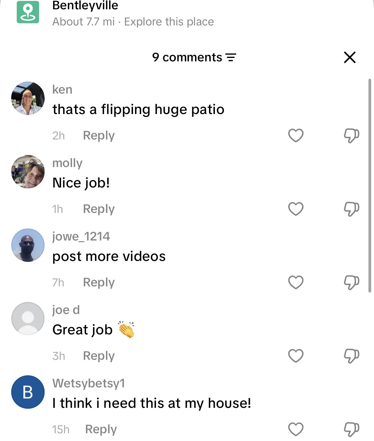 TikTok comments under a Cuyahoga Concrete Solutions video filmed near Bentleyville